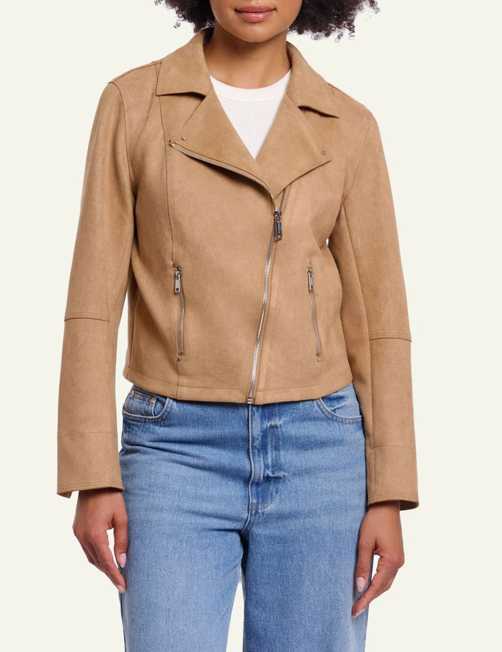 Rino Pelle Ine jacket burlywood faux suede biker zip front view