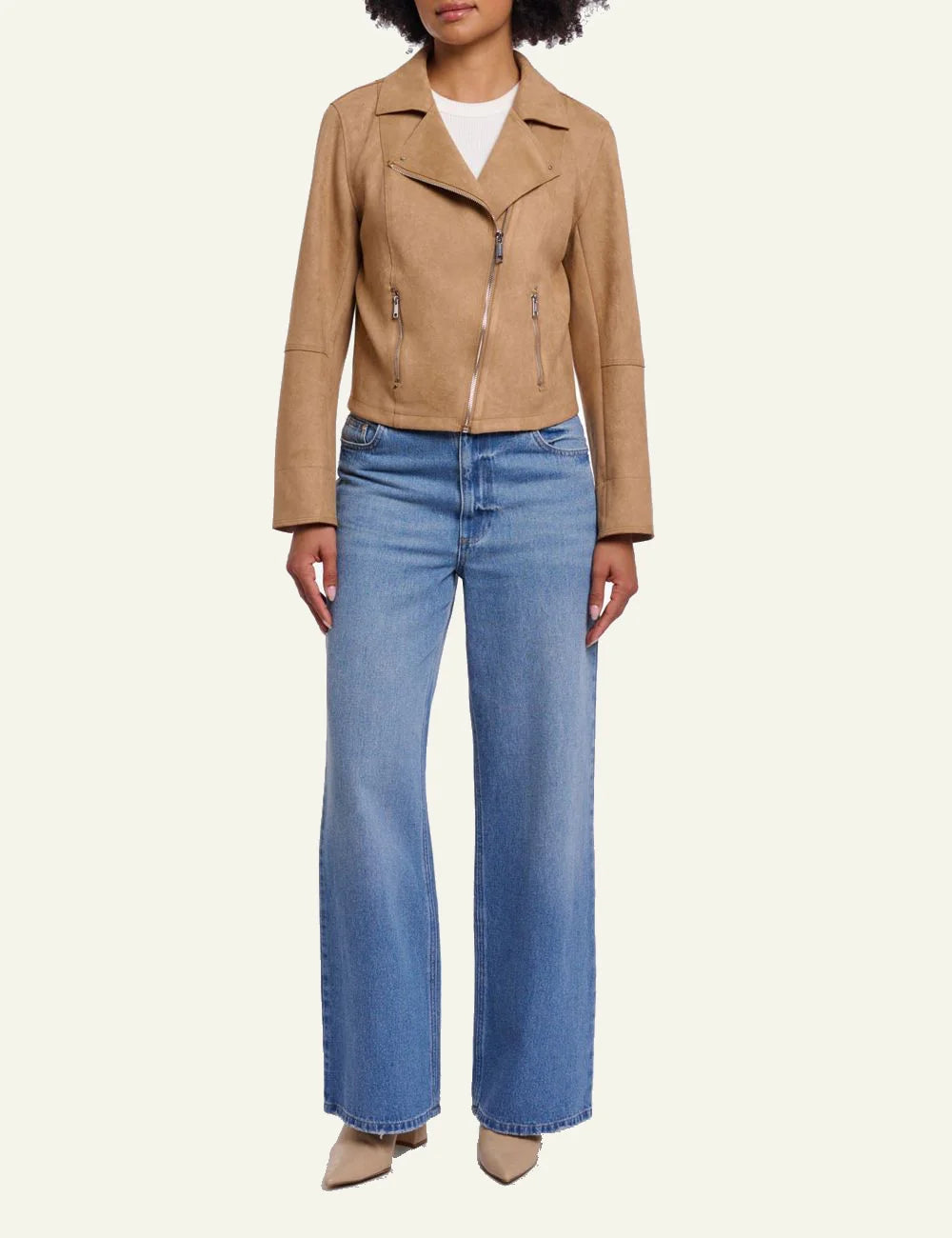 Rino Pelle Ine jacket burlywood faux suede biker zip full body view