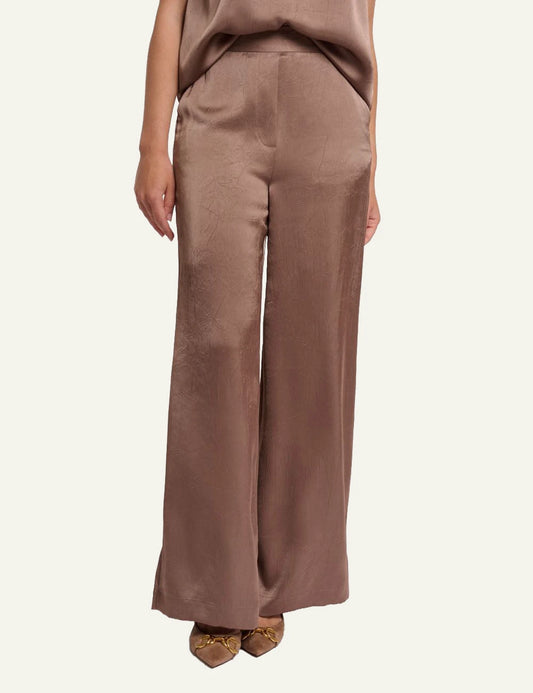 Rino Pelle Kenza trousers wide leg satin brown crinkled front model view