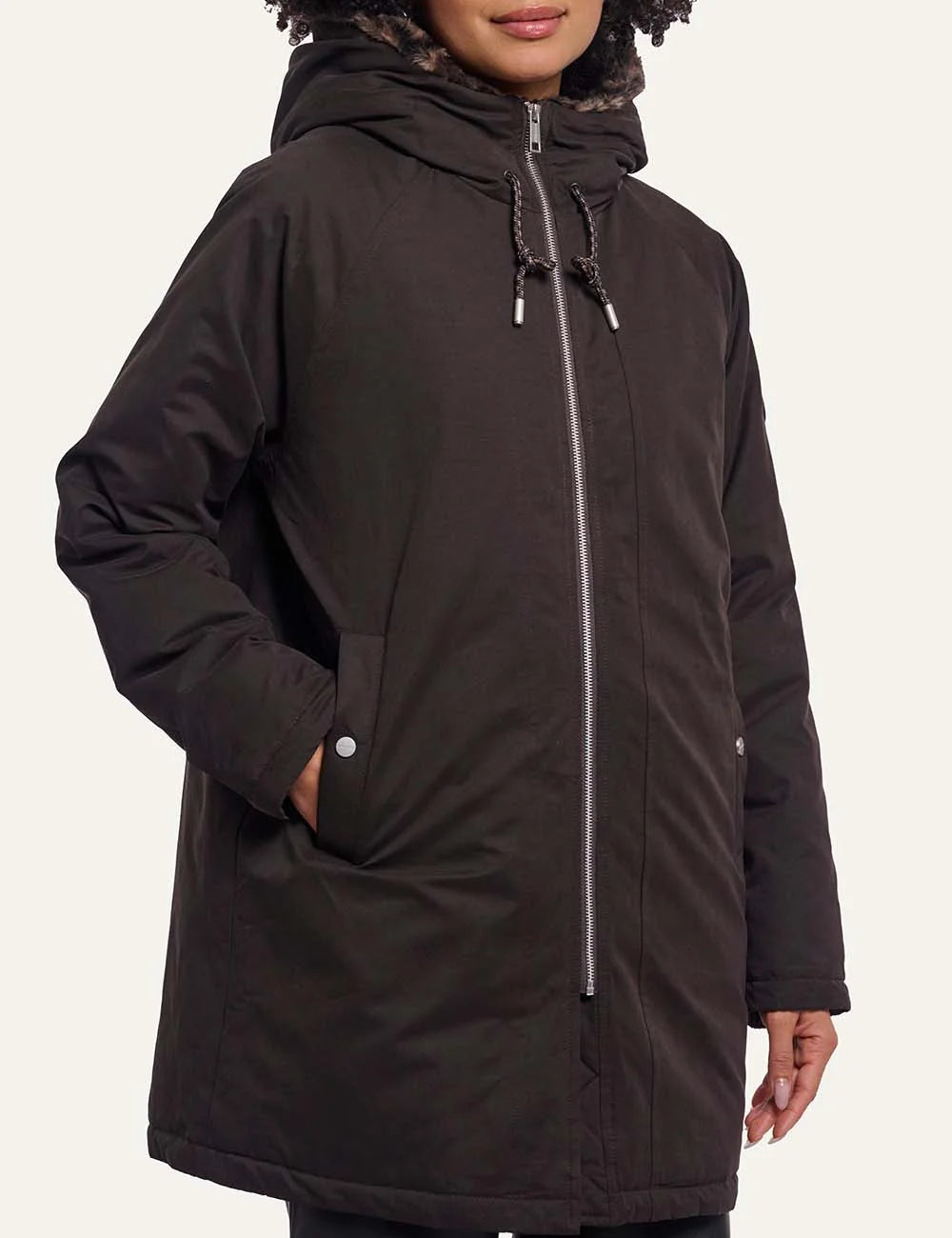 Rino &amp; Pelle women's dark brown long hooded jacket with faux fur detail model