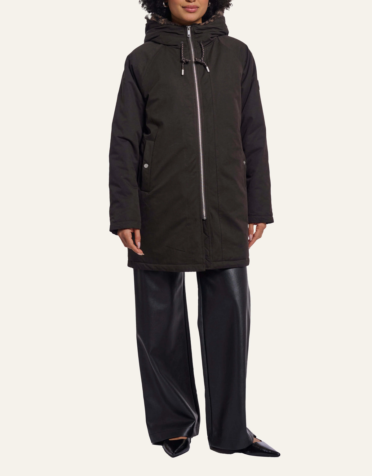 Rino &amp; Pelle women's dark brown long hooded jacket with faux fur detail
