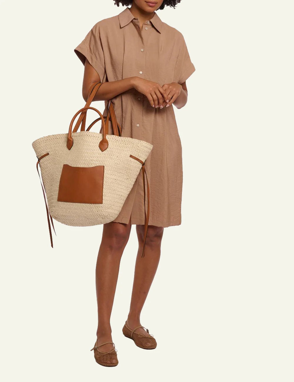 Rino Pelle Saydee bag beige woven beach tote with leather look handles full body front view