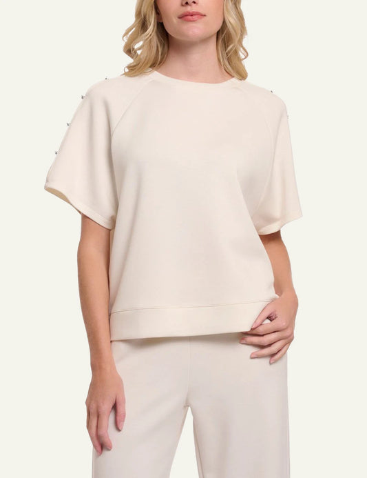 Rino Pelle Tate top half sleeve cream soft fabric shoulder buttons front model view