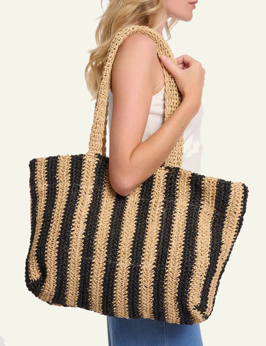 Rino Pelle Vanessa bag beige black striped woven straw tote side view