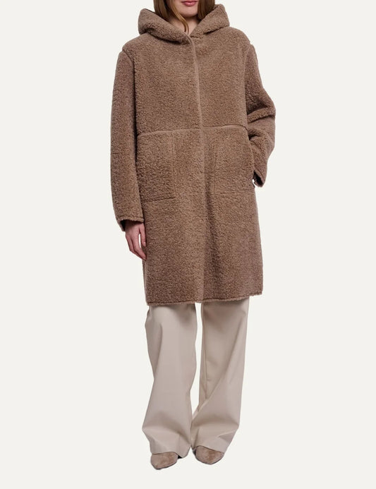 Rino &amp; Pelle women Ami Mocha Latte reversible teddy and faux suede hooded coat full body