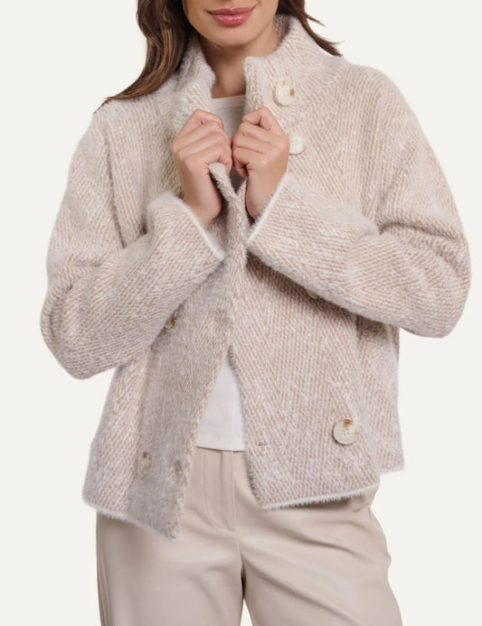 Rino &amp; Pelle women Beth beige herringbone knit cardigan with stand collar model