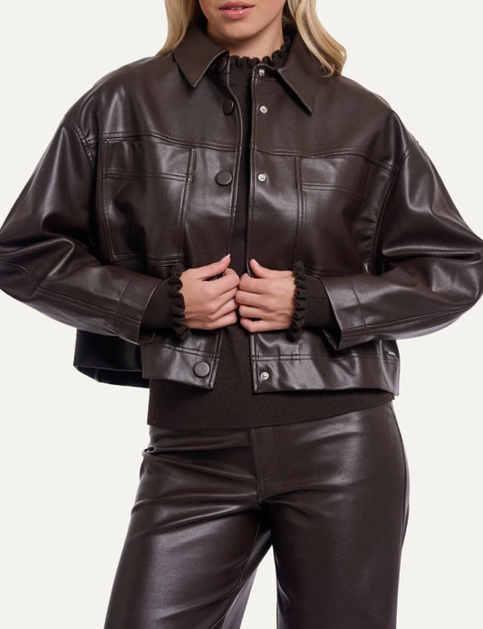 Rino &amp; Pelle women dark brown faux leather boxy jacket with front pockets