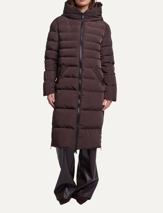 Rino &amp; Pelle women Keila Fur Peated Brown Leopard long puffer coat with hood and faux fur lining