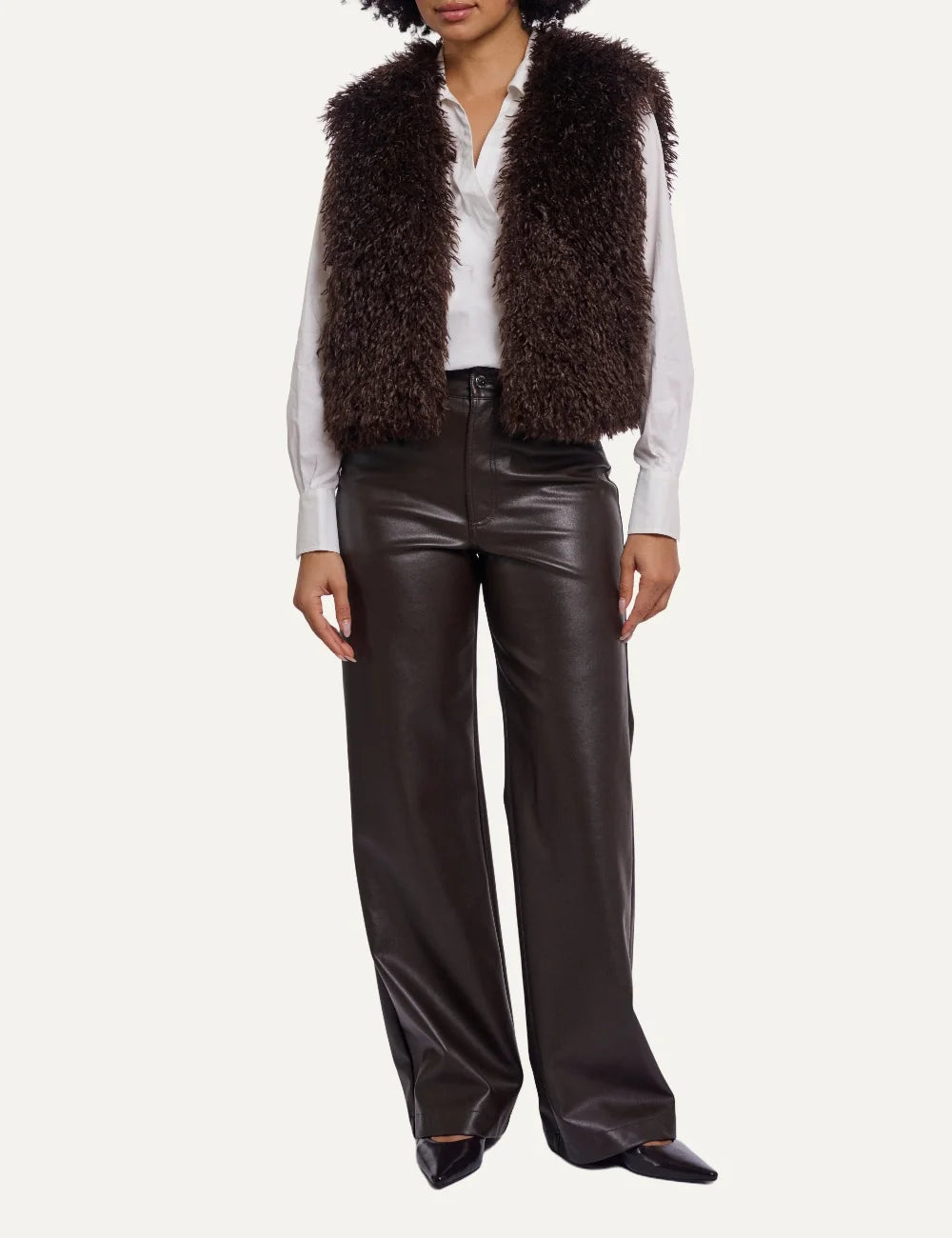 Rino &amp; Pelle women Coffee Roast faux fur waistcoat with soft textured finish model