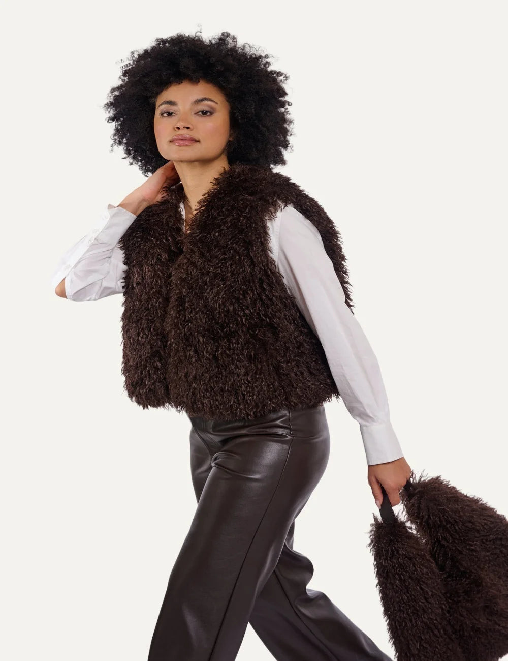 Rino &amp; Pelle women Coffee Roast faux fur waistcoat with soft textured finish side
