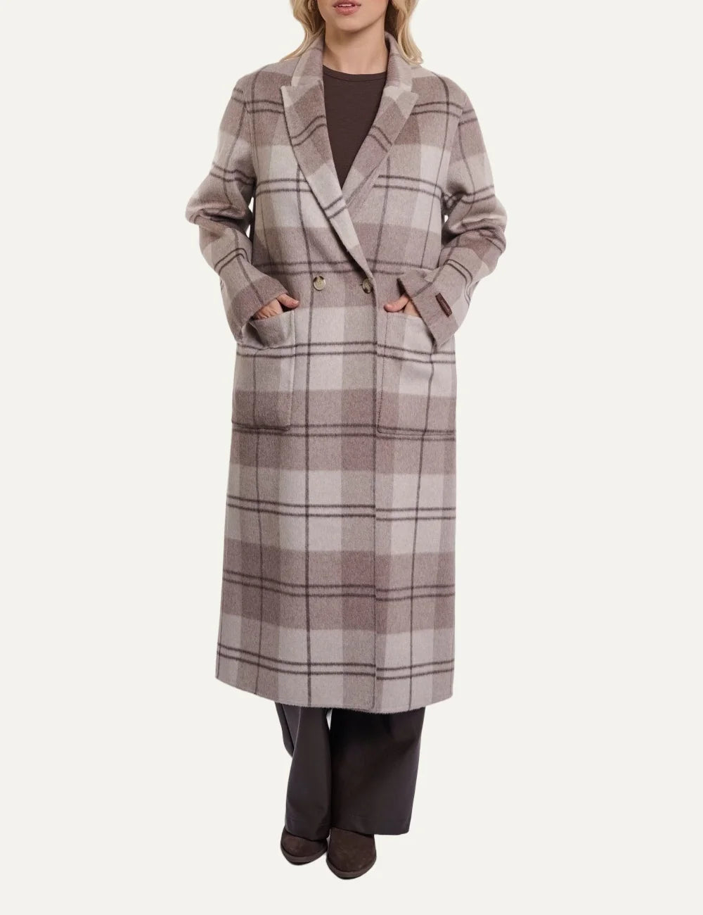 Rino &amp; Pelle women's beige brown check reversible long wool coat