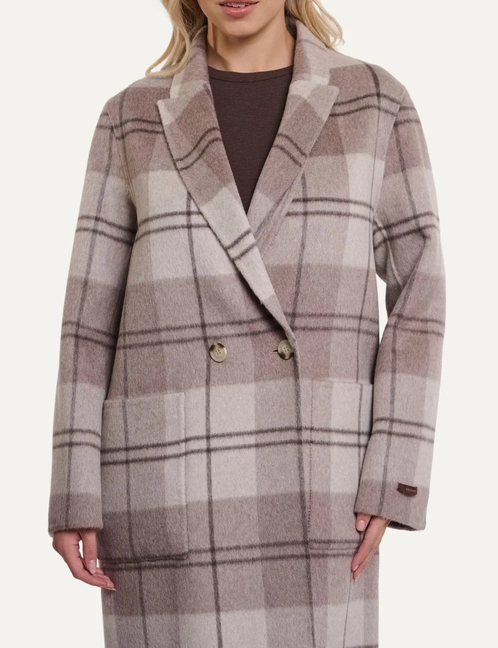 Rino &amp; Pelle women's beige brown check reversible long wool coat model