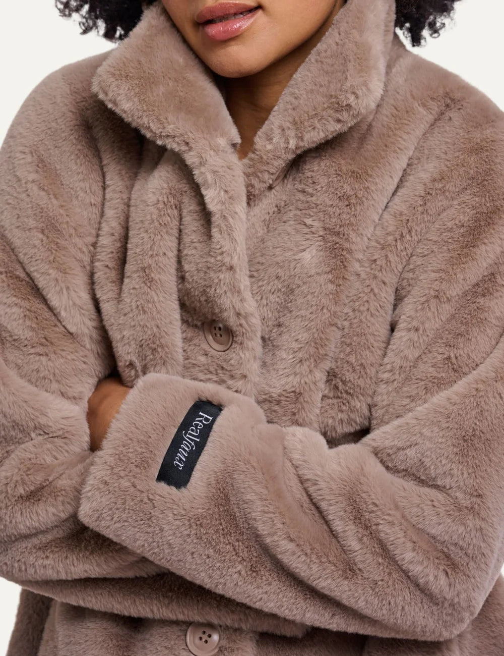 Rino & Pelle women's beige faux fur mid-length coat  close up details