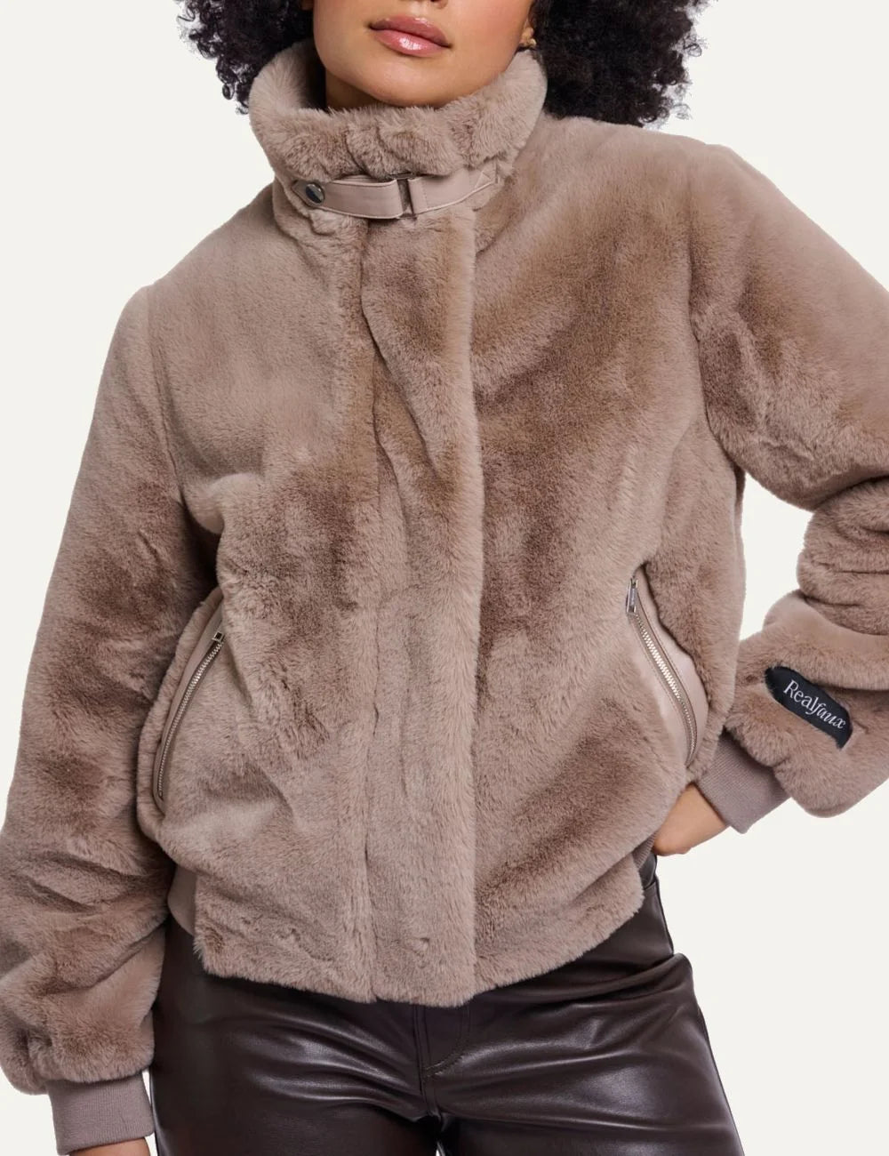 Rino & Pelle women's beige faux fur jacket with high collar front view