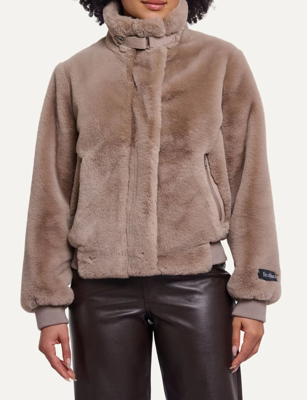 Rino & Pelle women's beige faux fur jacket with high collar front view close up