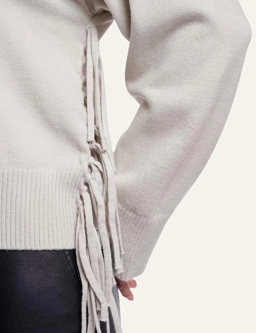 Rino &amp; Pelle women's beige knit sweater with side fringe details detail