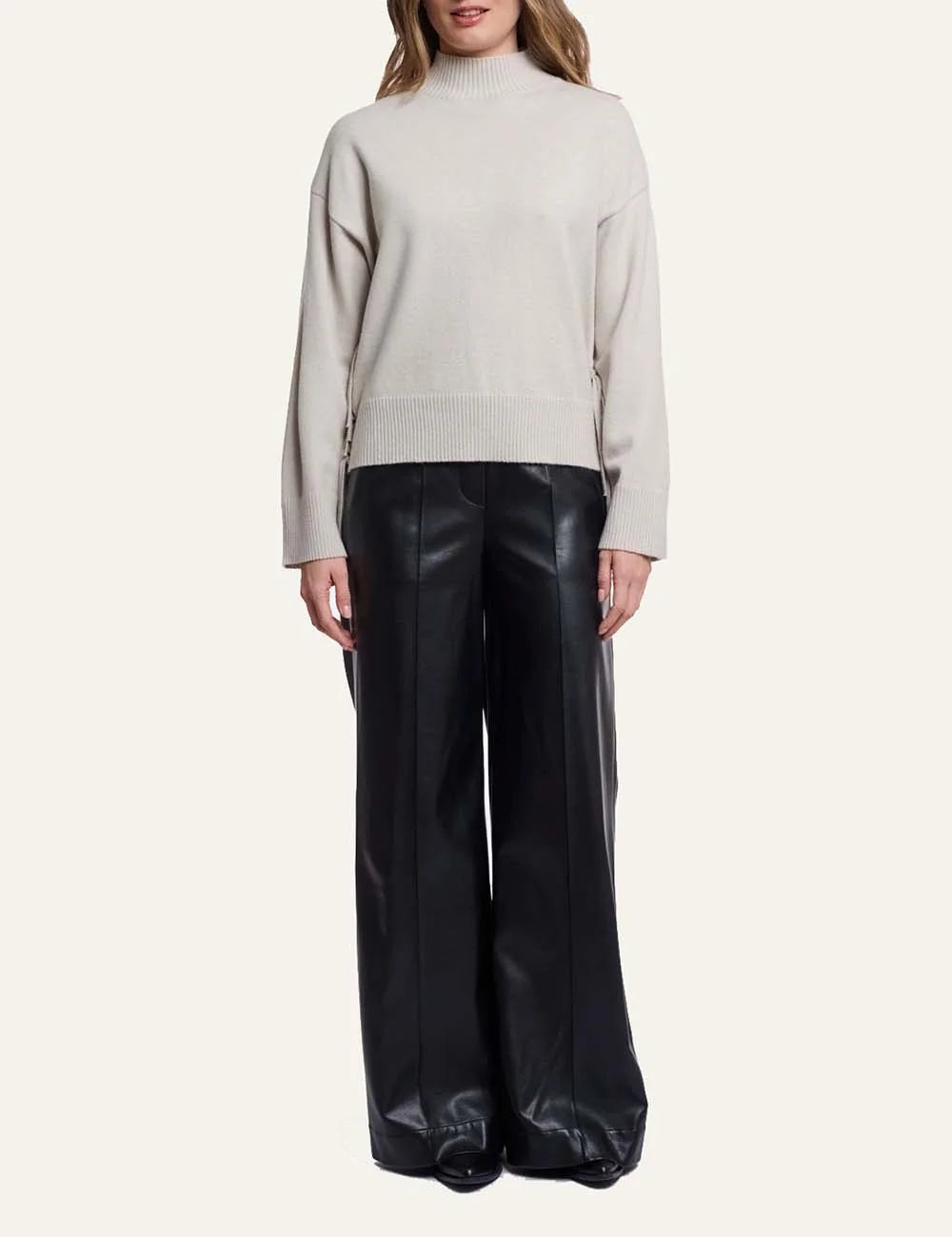 Rino &amp; Pelle women's beige knit sweater with side fringe details full body