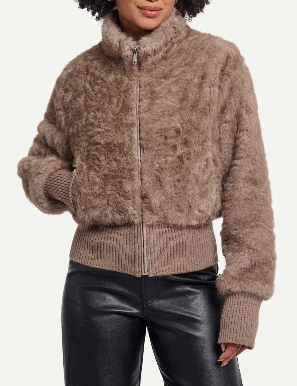 Rino Pelle women's birch beige faux fur jacket with textured finish, high collar and wide ribbed knit cuffs and hem front view
