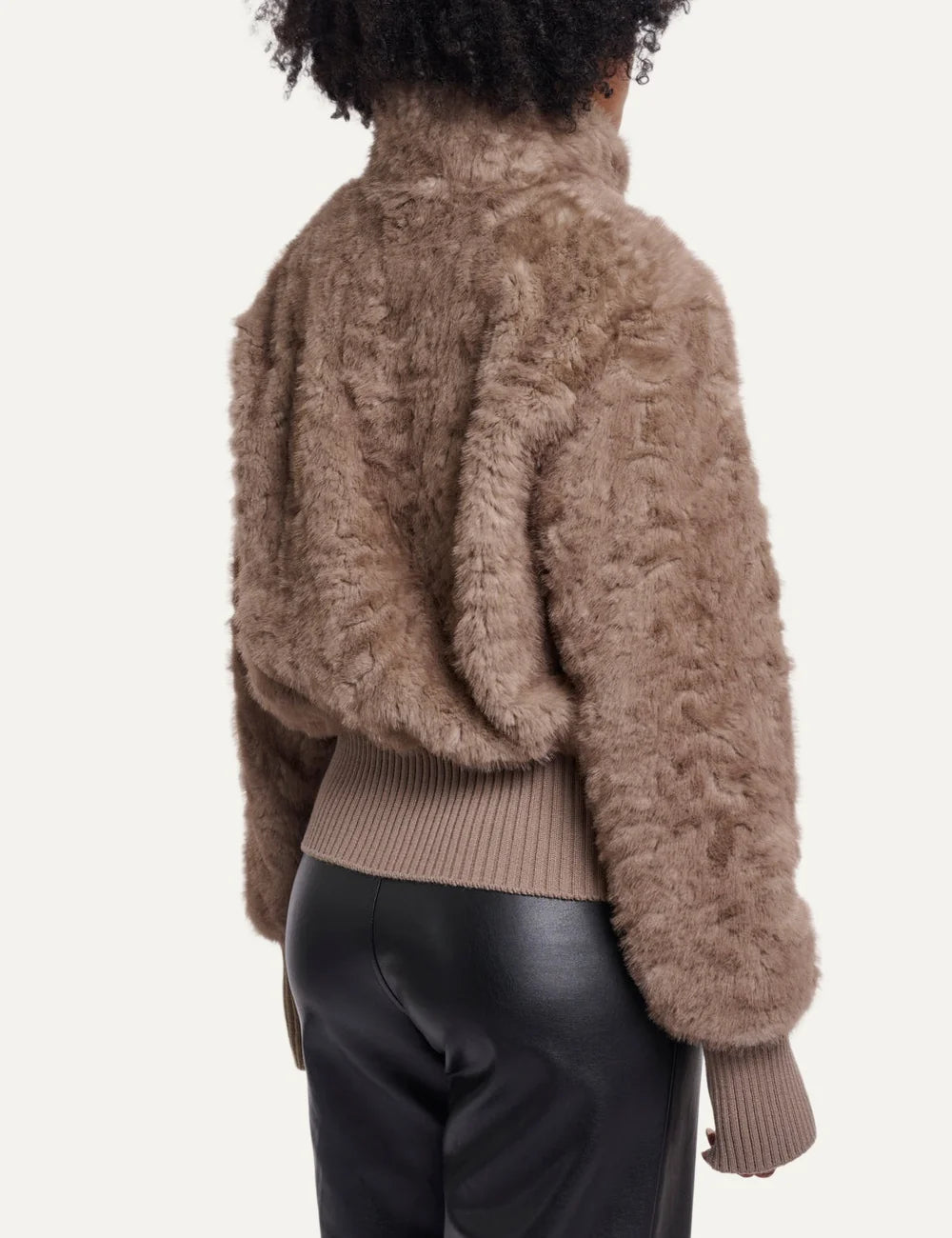 Rino Pelle women's birch beige faux fur jacket with textured finish, high collar and wide ribbed knit cuffs and hem back view