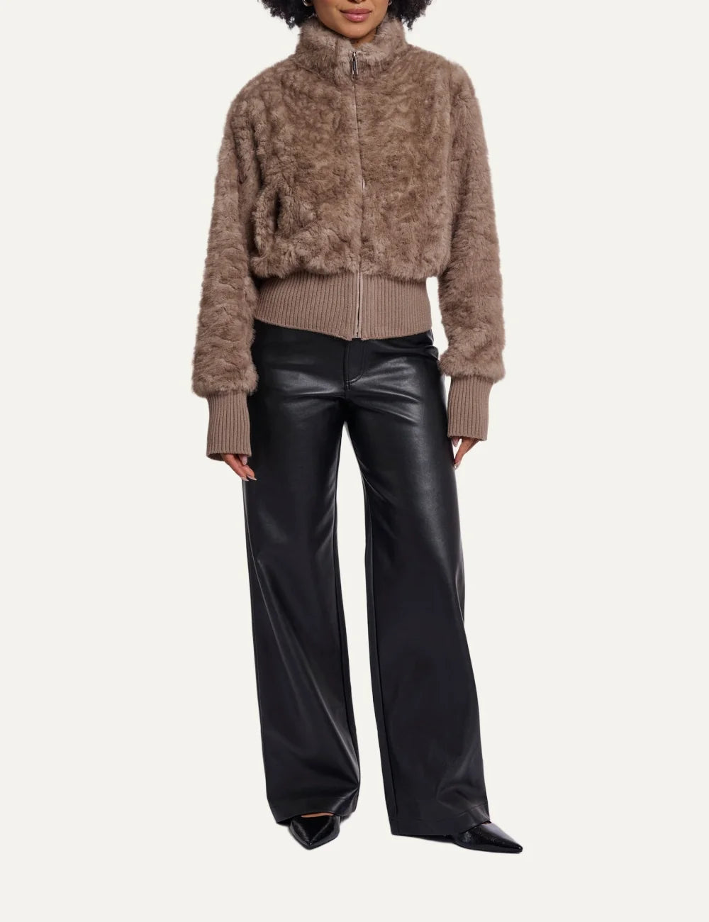 Rino Pelle women's birch beige faux fur jacket with textured finish, high collar and wide ribbed knit cuffs and hem full look