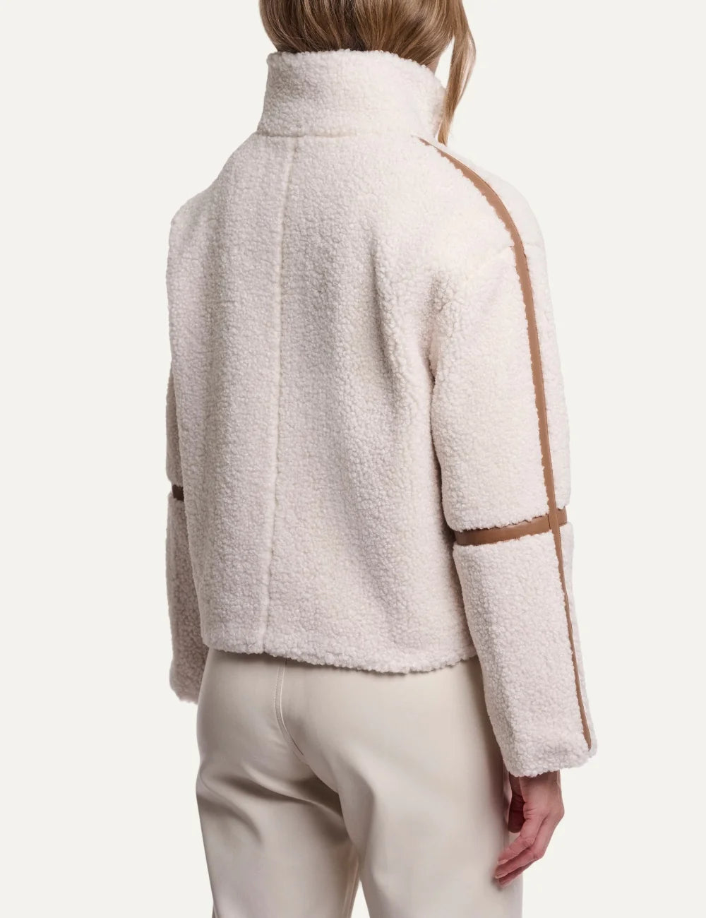 Rino Pelle women's birch cream teddy jacket with a high collar, front zipper, large patch pockets and brown trim back view