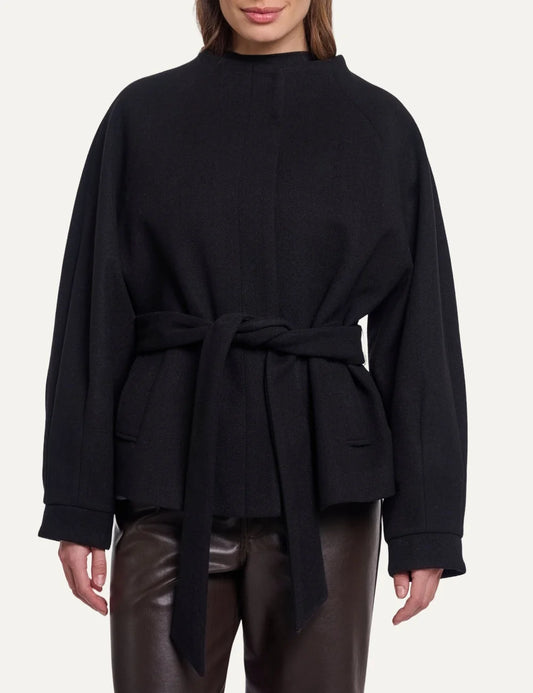 Rino &amp; Pelle women's black lightweight belted coat with stand collar front view