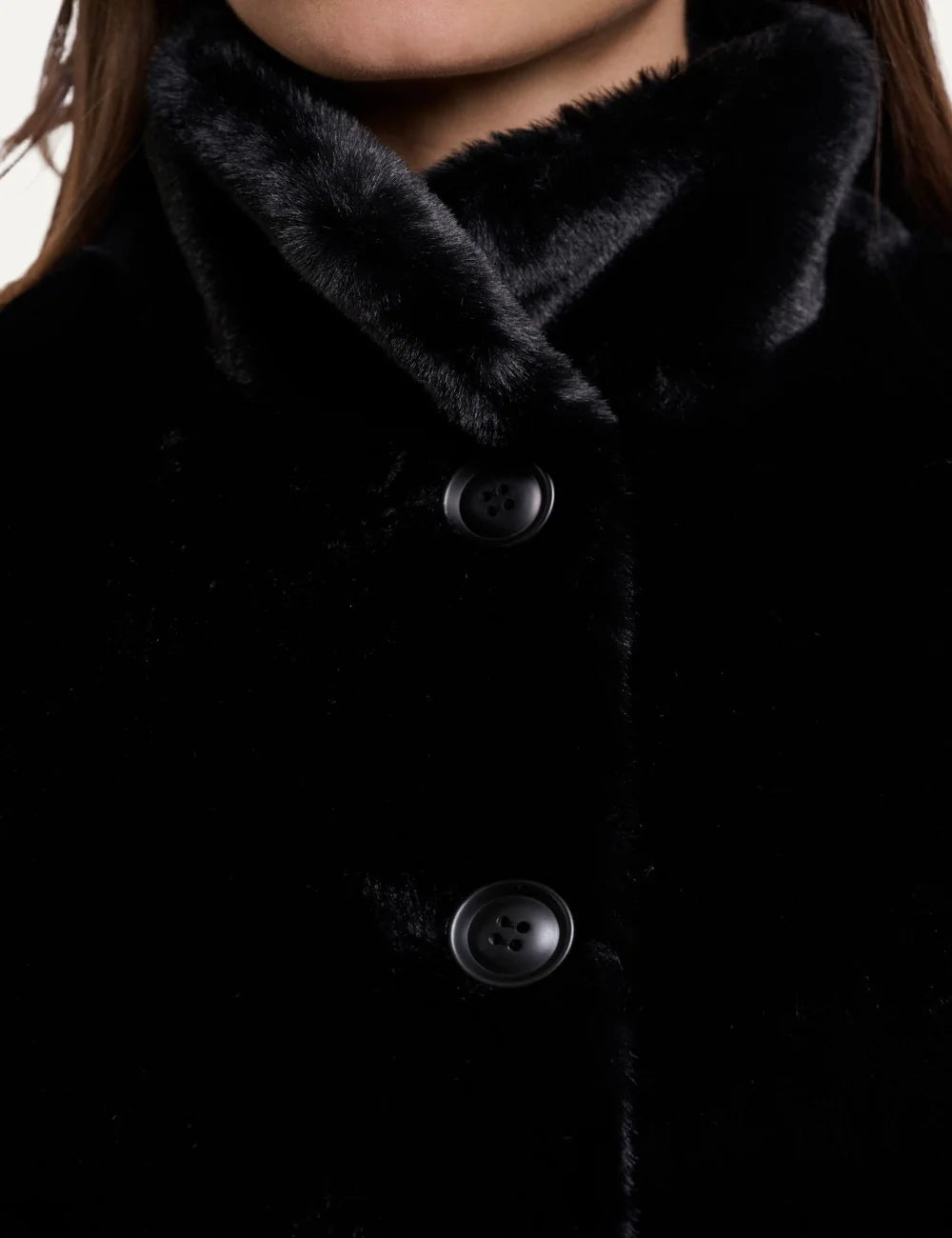 Rino & Pelle women's black faux fur mid-length coat close up details