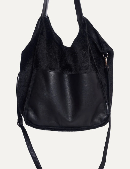 Rino Pelle women's black faux fur handbag with faux leather front pocket, double shoulder handles and detachable strap.