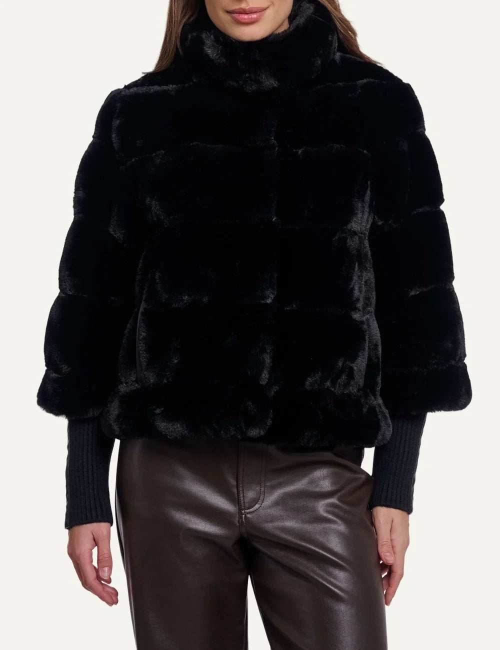 Rino & Pelle women's black faux fur jacket with detachable sleeves front view