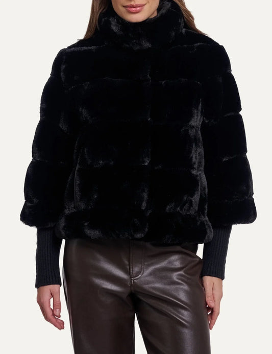 Rino & Pelle women's black faux fur jacket with detachable sleeves front view