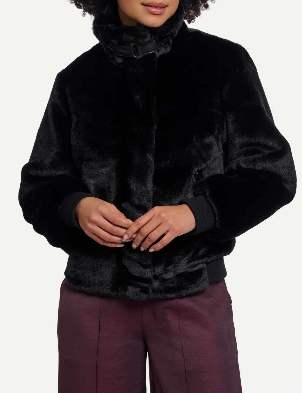 Rino & Pelle women's black faux fur jacket with high collar front view