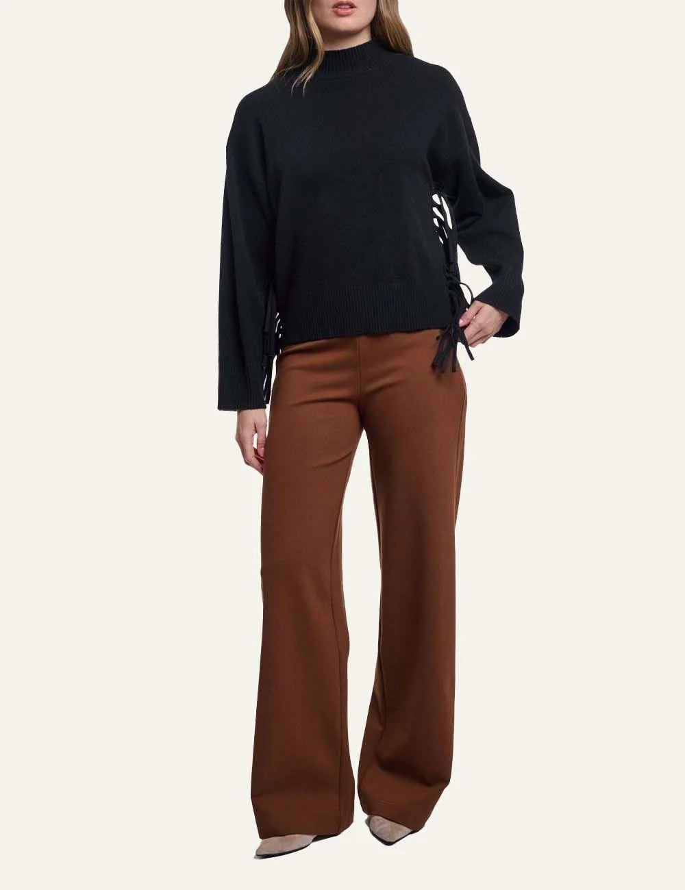 Rino &amp; Pelle women's black knit sweater with lace-up fringe details full body
