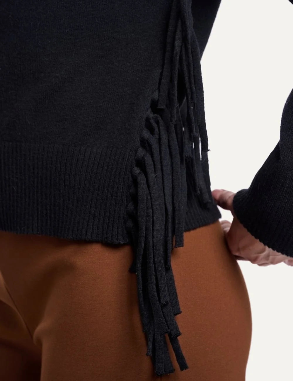 Rino &amp; Pelle women's black knit sweater with lace-up fringe details detail