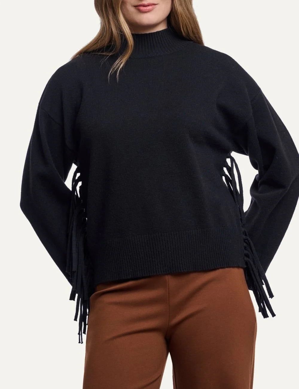 Rino &amp; Pelle women's black knit sweater with lace-up fringe details