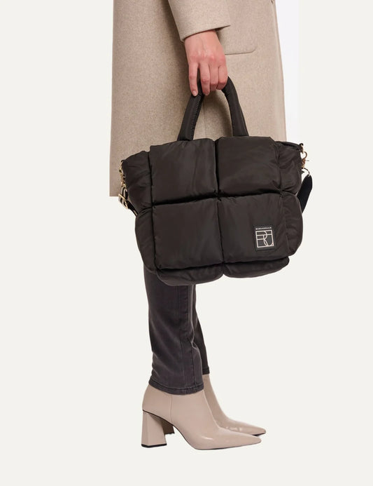 Rino Pelle women's black padded quilted handbag with puffy design, double handles, detachable shoulder strap and front logo patch.