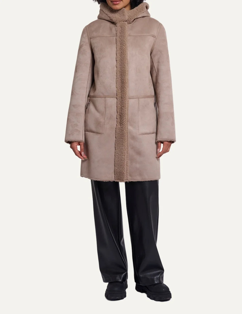 Rino &amp; Pelle women's brown reversible faux fur and faux suede hooded coat full body