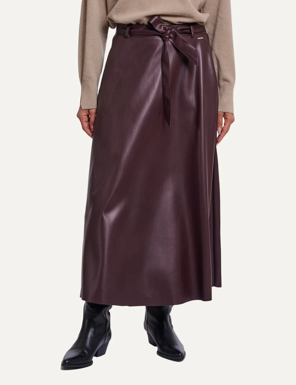 Rino &amp; Pelle women's burgundy faux leather A-line maxi skirt with belt front view