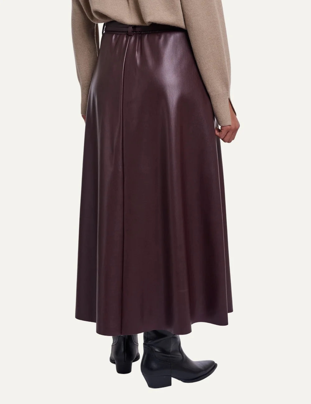 Rino &amp; Pelle women's burgundy faux leather A-line maxi skirt with belt back view