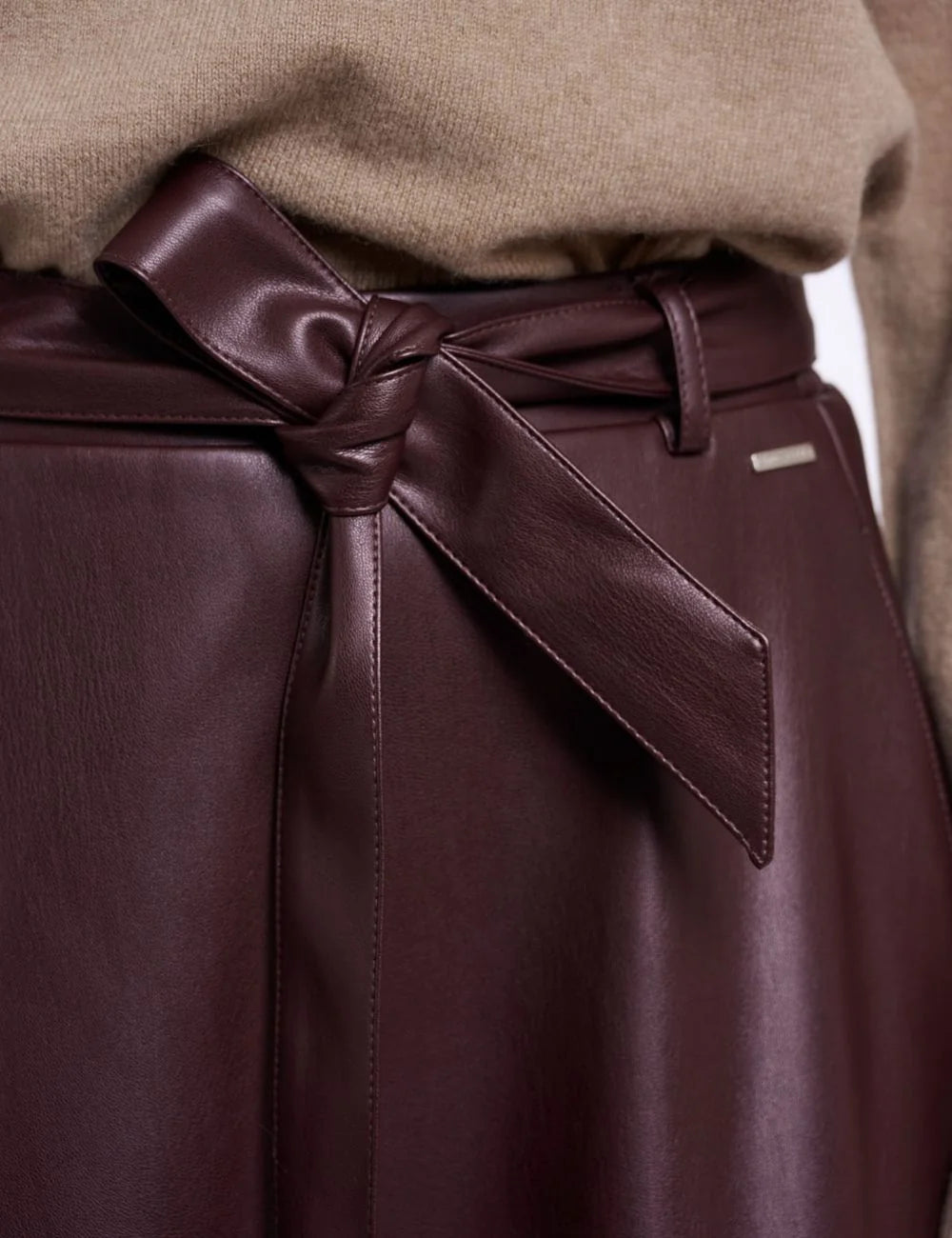 Rino &amp; Pelle women's burgundy faux leather A-line maxi skirt with belt waist detail