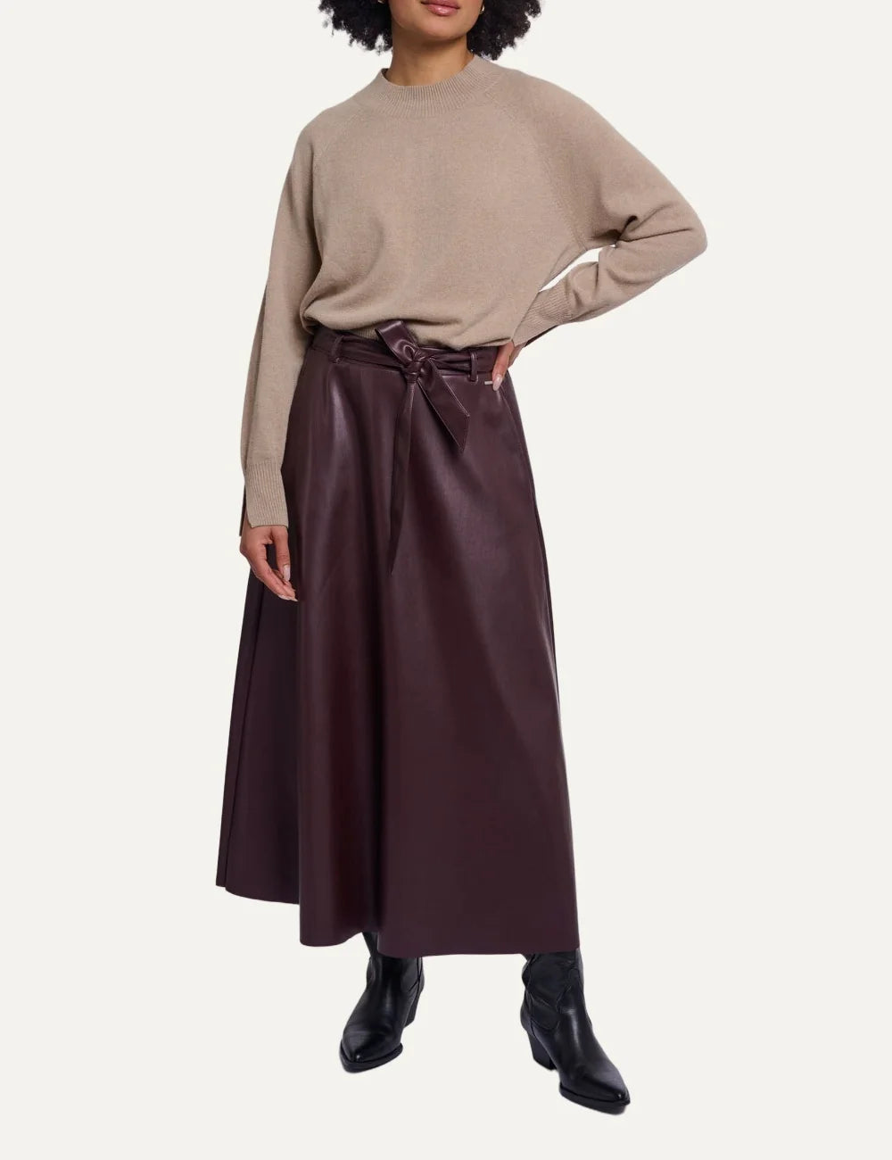 Rino &amp; Pelle women's burgundy faux leather A-line maxi skirt with belt full look