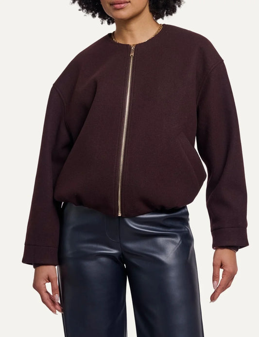 Rino & Pelle women's chocolate brown relaxed bomber jacket with zip closure frotn view