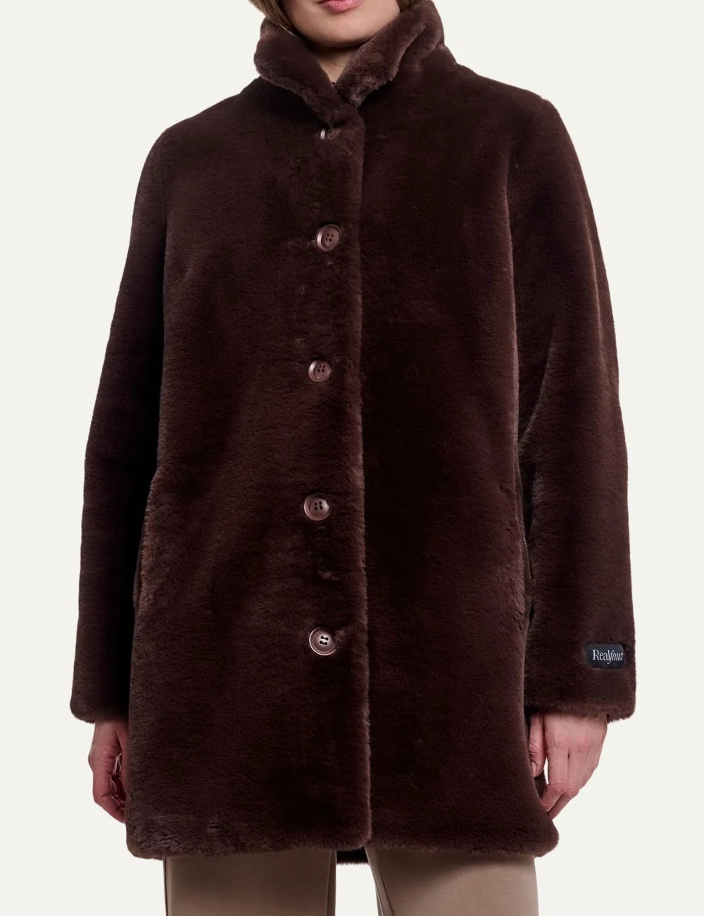 Rino & Pelle women's dark brown faux fur mid-length coat front view
