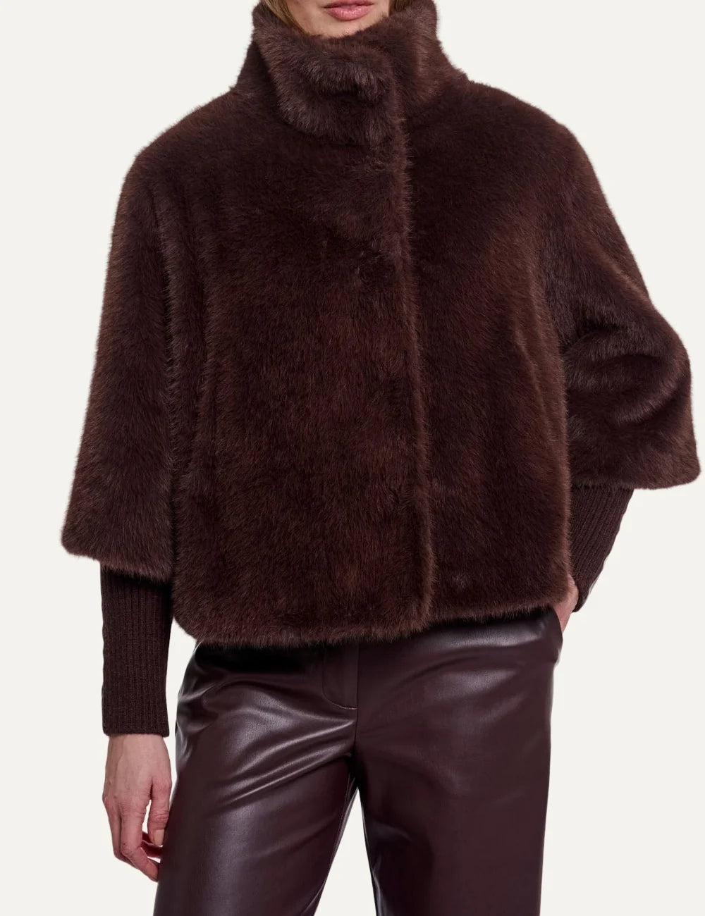 Rino & Pelle women's dark brown faux fur jacket with detachable sleeves front view