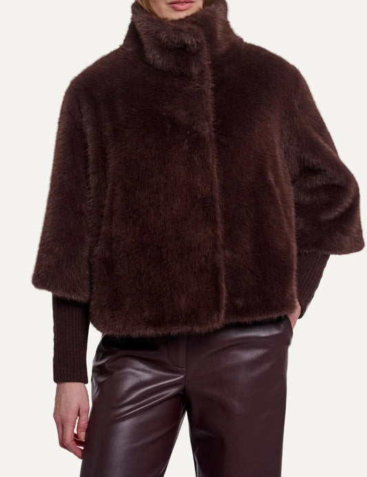 Rino & Pelle women's dark brown faux fur jacket with detachable sleeves front view