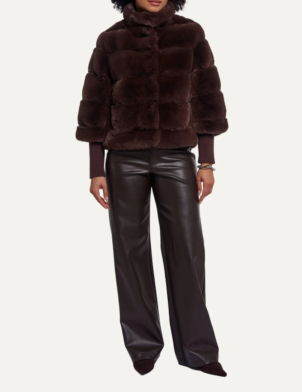 Rino & Pelle women's dark brown faux fur jacket with detachable sleeves full look