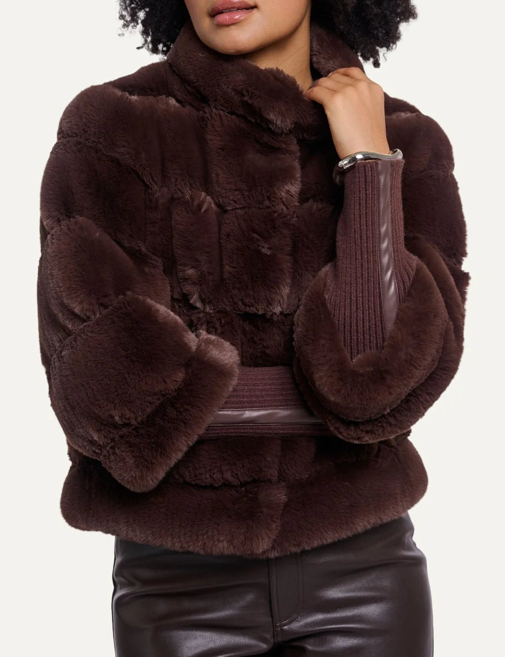 Rino & Pelle women's dark brown faux fur jacket with detachable sleeves front view