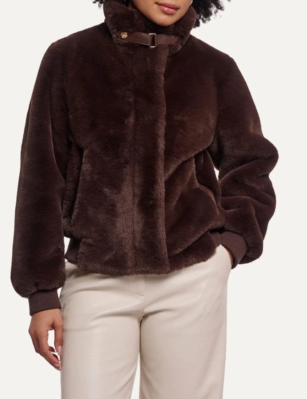 Rino & Pelle women's dark brown faux fur jacket with high collar front view
