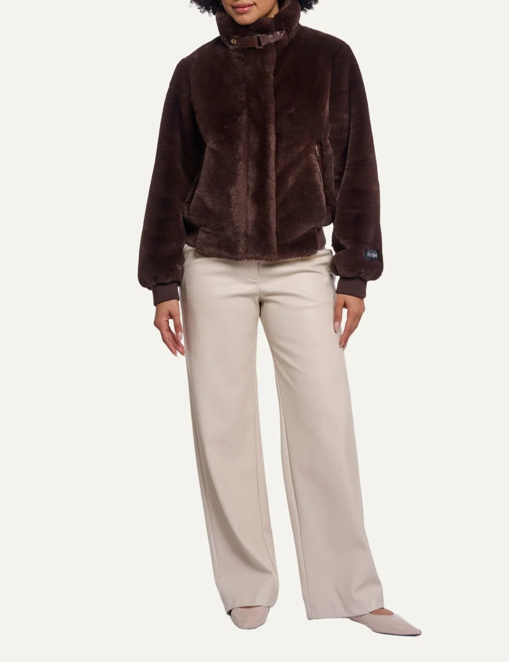 Rino & Pelle women's dark brown faux fur jacket with high collar full look