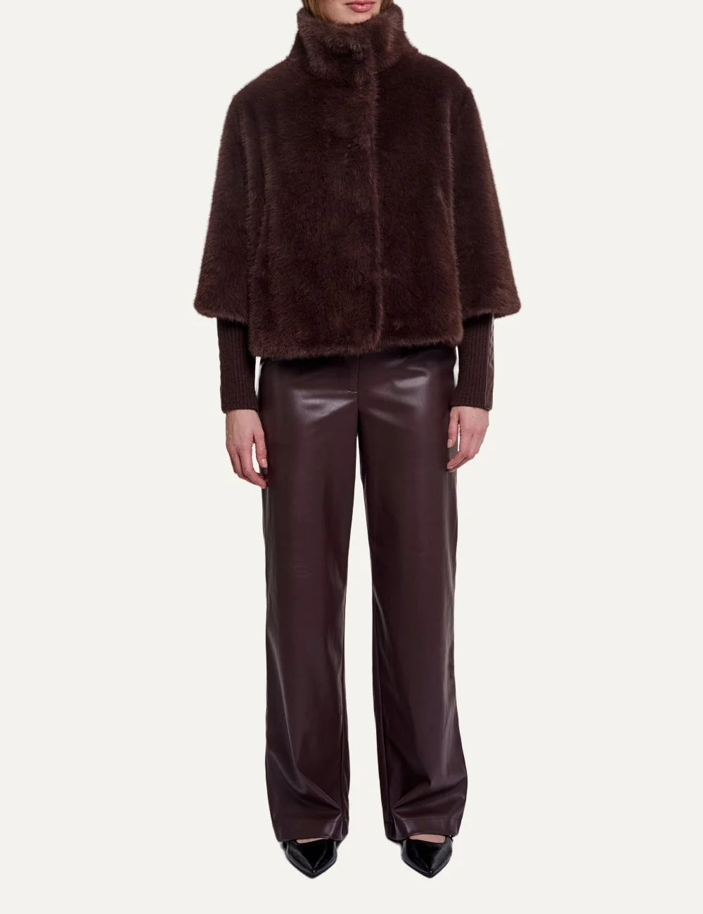 Rino & Pelle women's dark brown faux fur jacket with detachable sleeves full look