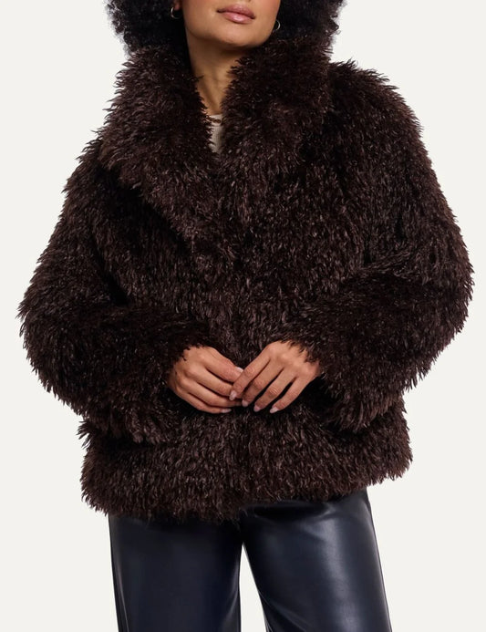 Rino & Pelle women's dark brown plush faux fur jacket with wide collar front view